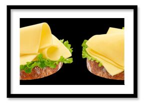 Gouda slices on bread isolated on black background