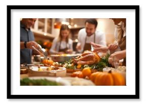 Gathering around a delicious Thanksgiving feast with family and friends in a cozy kitchen setting filled with seasonal decorations