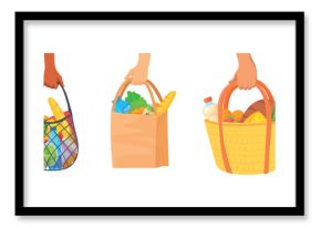 Food reusable bag. Hands holding eco friendly net or paper reusing bags with food products, supermarket shopping grocery store purchase ecologic package cartoon vector illustration