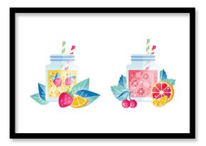 Glass Jar with Detox Fruit and Berry Drink with Straw Vector Set