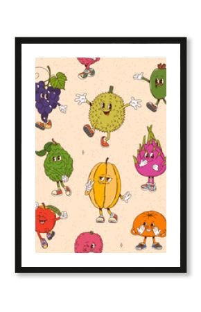 Cartoon retro groovy tropical fruit characters seamless pattern, vector background. Groovy funny durian with papaya and tangerine happy fruit, funky pitaya and feijoa with grape pattern background