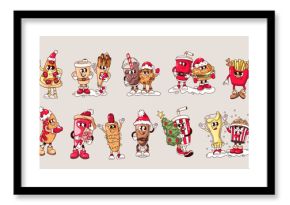 Groovy Christmas fast food cartoon characters set. Funny retro pizza and cake, hot dog and cookie, churros, beer. Christmas mascot, cartoon trippy emoji collection of 70s 80s style vector illustration