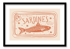 Seafood t shirt design. Canned fish artwork. Sardines fish artwork for t shirt print, poster, sticker and other uses. Fish vintage artwork.