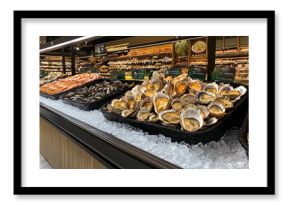 Fresh oysters, mussels and shrimps resting on ice in supermarket seafood display