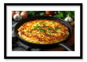 Rosti potato pancake garnished with fresh thyme in a cast iron pan, creating a simple yet flavorful dish