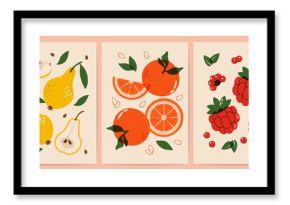 Abstract fruit posters. Modern minimalistic fruits art prints, organic food banners with hand drawn orange, pear raspberry fruits and berries. Vector contemporary set