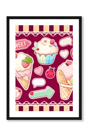 Summer set in kawaii style. Cute eye-catching tag, label with ice cream, cake, heart, index arrow. Collection of cozy sticker. Can be used for t-shirt print, sticker, greeting card. Vector EPS8
