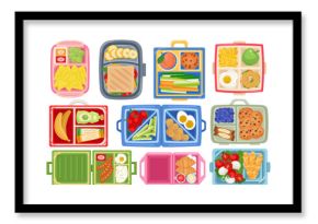 Lunch boxes top view. Kids school plastic containers with food, sandwich for lunch and breakfast, snack between lessons, vegetables, fruits, cartoon flat style isolated recent vector set