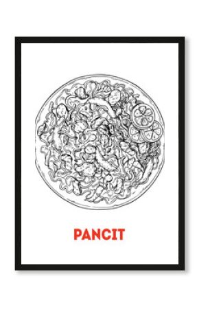 Pancit hand-drawn sketch - Traditional Filipino Food - Vector illustration. Top view
