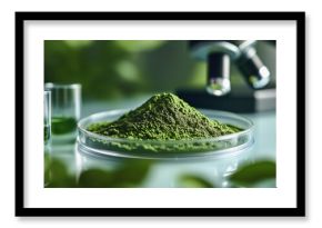 Green Powder Displayed in a Petri Dish With Laboratory Equipment and Herbal Extracts in the Background