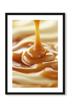 Golden caramel sauce gracefully drizzling over a creamy layer of rich dessert filling : Generative AI