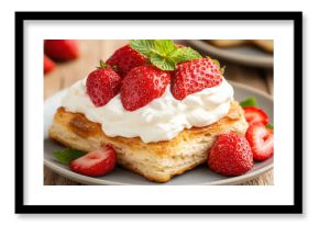 Delicious strawberries topped with whipped cream on flaky biscuit create delightful dessert
