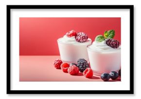 Two bowls of yogurt with raspberries and mint on a red background. The bowls are filled with a creamy white yogurt and topped with fresh raspberries and mint. Concept of freshness and healthiness