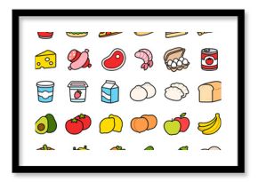 Hand drawn doodle style line icons of food: meat and dairy, fruits and vegetables, fast food. Cartoon hand drawn illustration set.