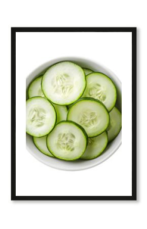 Bowl of freshly cut cucumber slices isolated die cut top view 