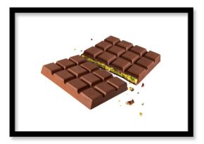 Dubai chocolate broken into two halves in the air on a white background. Dubai chocolate is made with pistachio paste and kadayif