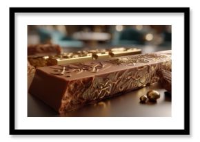 A luxurious chocolate bar featuring intricate golden designs and a smooth, creamy texture, showcasing decadent confection and artistic craftsmanship for a premium treat.