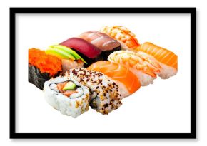 Assorted sushi nigiri maki rolls, Japanese cuisine delicacy, cut out transparent
