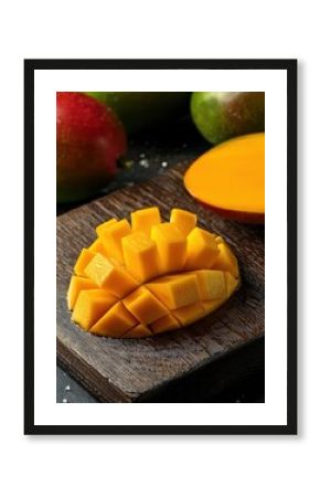 Freshly cut mango showcases vibrant yellow cubes ready to delight taste buds on a sunny day