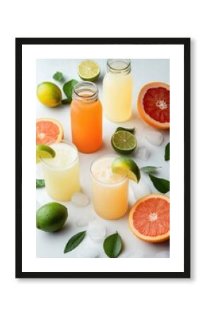 Vibrant citrus juices and fresh fruits with ice arrangement