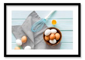 Chicken eggs on cooking table, top view. Food pattern. Easter background