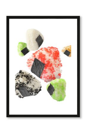 Tasty onigiri in air on white background. Japanese dish