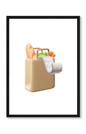 Realistic paper shopping bag with food and check payment, 3D vector cartoon container with bread and vegetables purchase