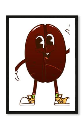 Cartoon funny groovy coffee bean character. Isolated vector playful, roasted brown seed y2k personage showcasing cheerful energetic smile. Bean or nut with expressive eyes, retro gloves and sneakers