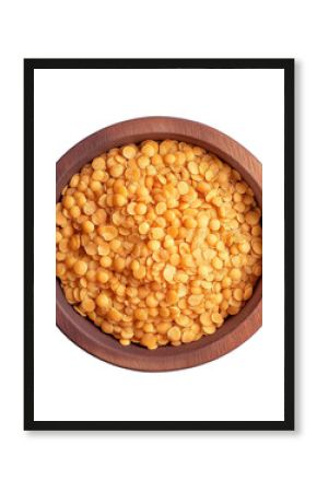 Top view of a wooden bowl with red lentils isolated on a white background