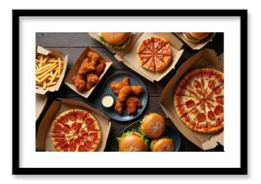 Overhead shot take out, delivery foods on dark wood table. Pizza, hamburgers, fried chicken, french fries, sauces, side dishes. Fast food assortment for home party, unhealthy delicious meal.