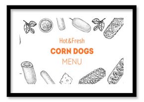 Hand drawn corndog frame. Korean food. Corn dog sketch. Fast food vector illustration. Hand drawn vector illustration. Hand drawing sketches