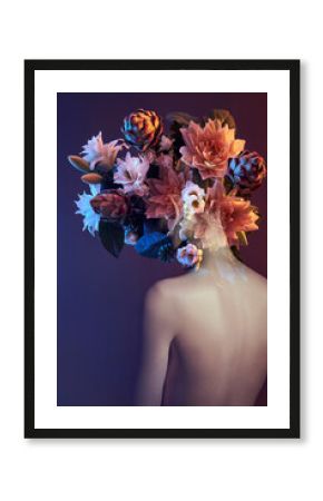 Beauty flowers face of a woman with double exposure. Portrait of a girl neon light and color, professional makeup, nude back of a woman, flowers in the head