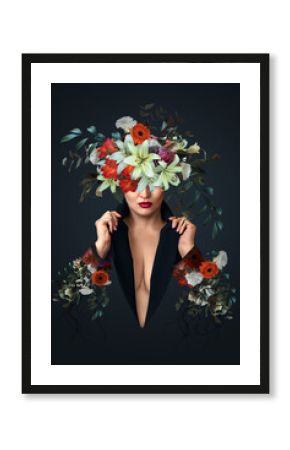 Abstract art collage of young woman with flowers