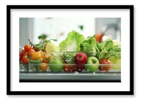 Fresh ripe vegetables and fruits from the organic farm are washed with running water in the dishwasher. Creative Banner. Copyspace image