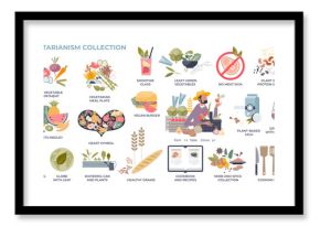 Vegetarianism and plant based diet lifestyle tiny person collection set, transparent background. Labeled elements with ecological and raw groceries for daily eating illustration.