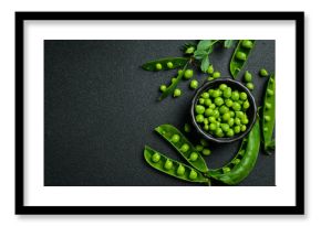 Shelled green peas in a bowl. Healthy food. Top view.