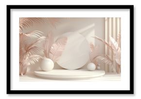 white and gold pedestal with leaf and pink background