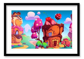 Candy land with fantasy houses made of cake and cookie, chocolate and caramel, ice cream and berry. Cartoon vector illustration landscape of cute fantasy world with sweet dessert home and nature.