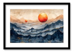 Landscape painting in Chinese style. Golden texture. Ink landscape painting. Wallpaper. Posters. Murals. Carpets. Prints, wallpapers, posters, murals.