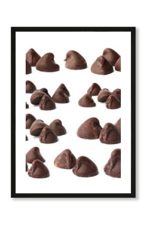 Tasty dark chocolate chips isolated on white, set