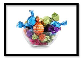 Bowl with sweet candies in colorful wrappers on white background