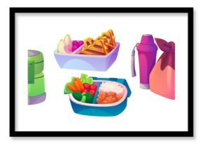 Lunchbox set isolated on white background. Vector cartoon illustration of fresh healthy food in plastic containers, vacuum flasks with drinks, vegetable salad, fruits, sandwich packed for school lunch