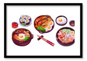 Korean food icon with bibimbap and asian rice meal illustration. Chinese noodle cuisine dish for tteokbokki or delicious gimbap isolated cooking set. Fancy sushi roll with sauce and stick for lunch