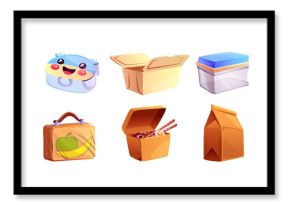 Set of lunchboxes for snacks isolated on white background. Vector cartoon illustration of plastic, glass containers for meal, asian noodles with chopsticks, craft paper bag for restaurant food to-go