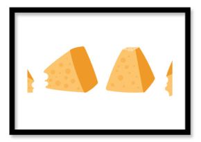 Cut cheese slices in different rotations. Grated cheese, straws, triangle slice. Tasty dairy ingredient italian, greek, french cuisine. Decent vector set