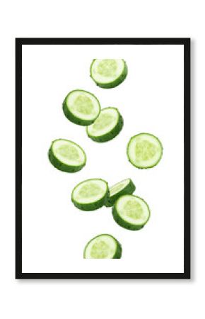 Falling cucumber slice isolated on white background, full depth of field