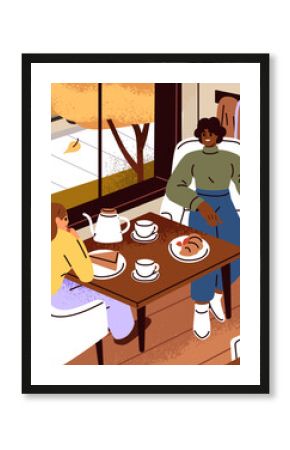 Women friends enjoying talking in cafe. Happy girls sitting at table by window. Females relaxing, resting in cozy coffee shop, bakery, coffeehouse, chatting in armchairs. Flat vector illustration