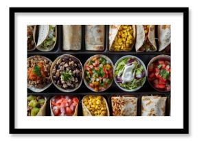 A group of traditional Mexican burritos neatly organized and packed in a to-go container