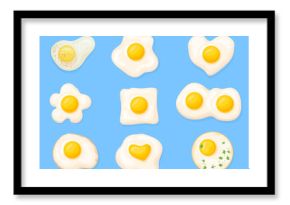 Fried eggs shapes. Omelet icons, chicken fry egg sunny side up omelette circle heart different shapes with herbs and yolk, organic breakfast meal cartoon neat