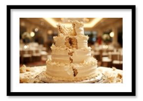 A large wedding cake with a big piece missing from the top, AI